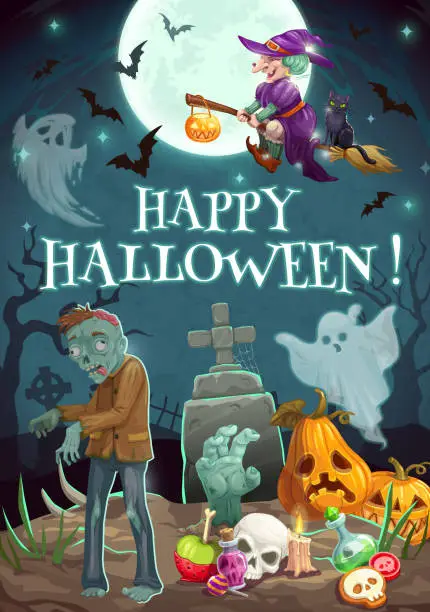 Vector illustration of Halloween night, graveyard. Zombie ghosts, pumpkin