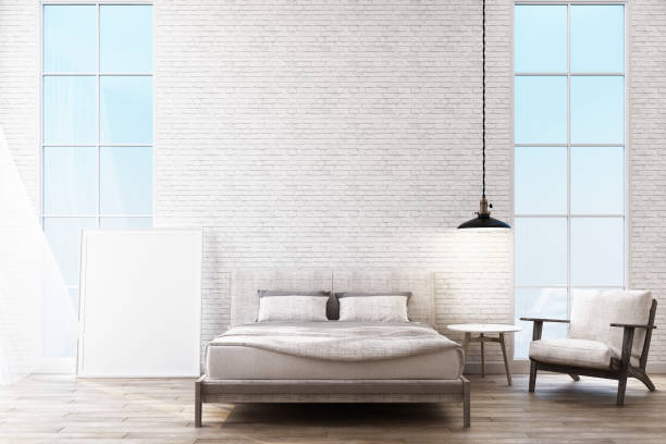 istock mock up poster frame with decorate brick wall and armchair, scandinavian style, 3D render, 3D illustration 1174575100