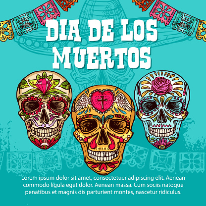 Dia de los Muertos Mexican traditional holiday sketch calavera skulls with floral pattern ornament. Vector Dia de Muertos or Day of Dead traditional celebration symbol skull in sombrero