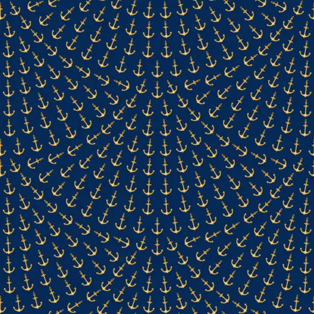 Vector illustration of Vector seamless fan shaped pattern from small gold sea anchors on a dark indigo blue background. Nautical ocean wallpaper, travel wrapping paper, batik, water sport textile print