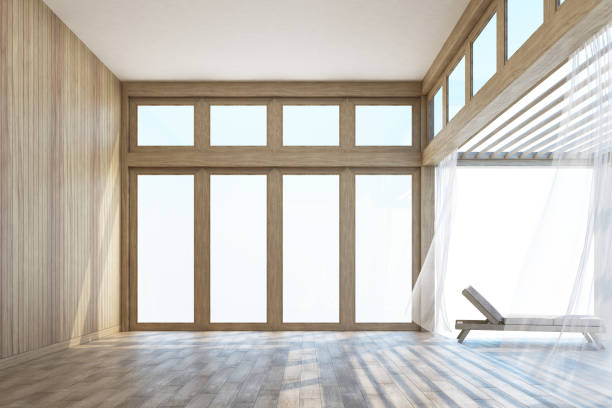 istock Natural style interior space and terrace with sky 3d rendering Image. Decorate room with wood. There are large window overlooking the surrounding. 1174577668