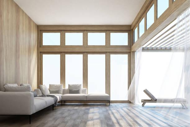 istock Natural style interior space and terrace with sky 3d rendering Image. Decorate room with wood. There are large window overlooking the surrounding. 1174577678