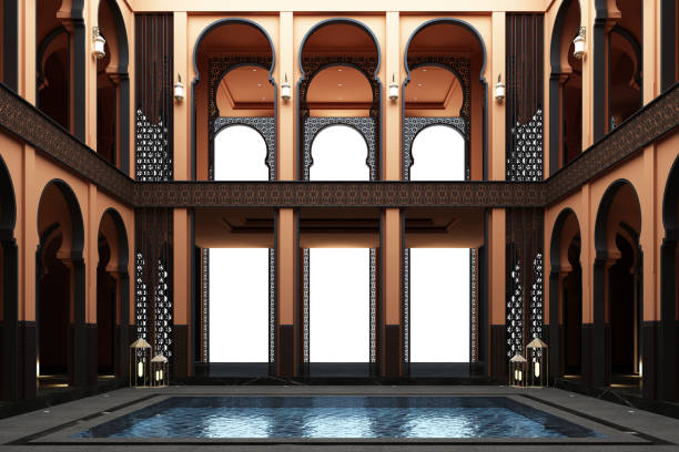 Moroccan mainhall double space with pond in the middle of the house. 3d rendering