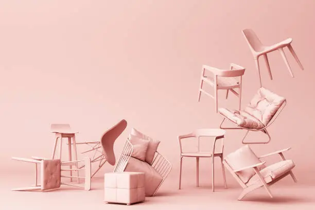 Photo of pastel chairs in empty background. Concept of minimalism & installation art. 3d rendering mock up