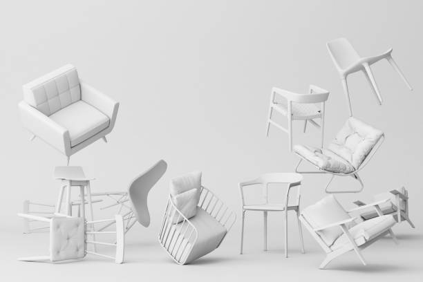 chaises pastel à l'arrière-plan vide. concept de minimalisme et d'art d'installation. maquette de rendu 3d - isolated on white photos et images de collection