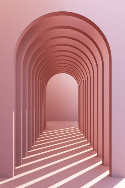 minimalistische, pastell bogen flur architektonischen korridor mit leeren wand. 3d-render, minimal. - pink buildings stock-fotos und bilder