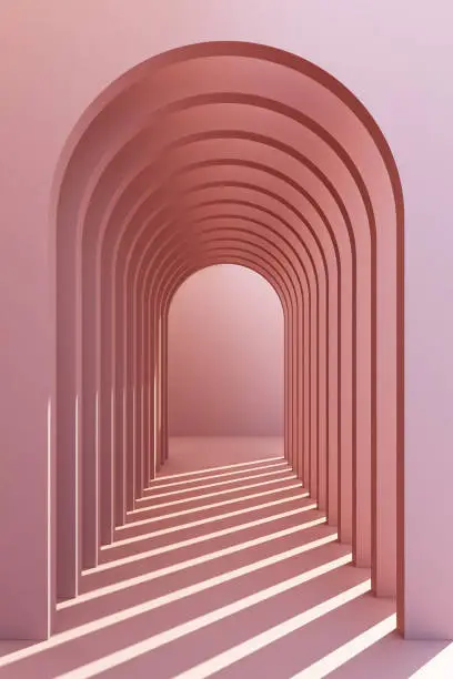 Photo of Minimalistic, pastel arch hallway architectural corridor with empty wall. 3d render, minimal.