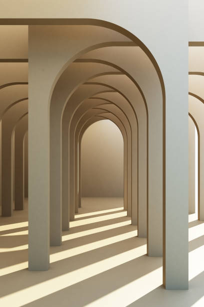 Minimalistic, pastel arch hallway architectural corridor with empty wall. 3d render, minimal.