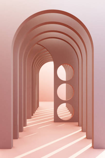 istock Minimalistic, pastel arch hallway architectural corridor with empty wall. 3d render, minimal. 1174578354