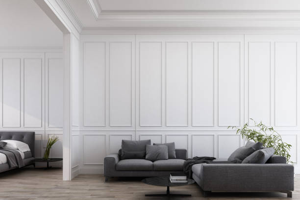 istock Modern classic interior style with sofa and bed with white panels and wooden floor. 3d render illustration mock up. 1174578364