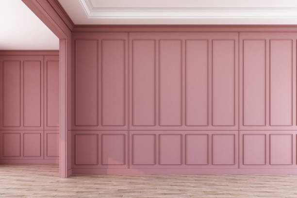 istock Modern classic interior style emtry room with pink panels and wooden floor. 3d render illustration mock up. 1174578367