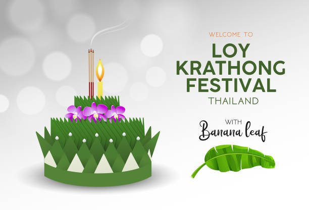 Loy Krathong festival in thailand, banana green leaf material Loy Krathong festival in thailand, banana green leaf material background, vector illustration loi krathong stock illustrations