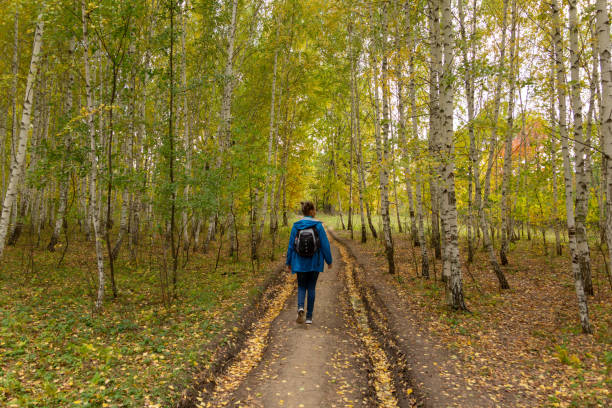 istock Girl with a backpack walks through the autumn forest 1174581359