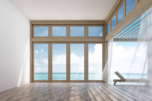 istock Natural style interior space and terrace with sky 3d rendering Image. Decorate room with wood. There are large window overlooking the surrounding. 1174582286