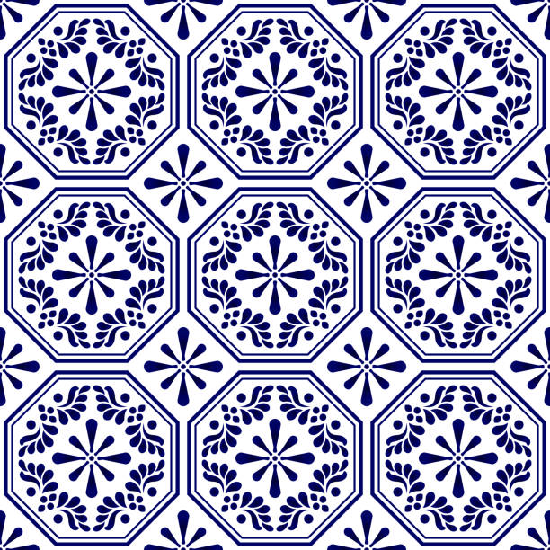 decorative seamless tile pattern ceramic tile pattern vector, porcelain seamless background, blue and white floral backdrop decor, Portugal ornament, Moroccan mosaic, pottery folk print, Spanish tableware, decorative wallpaper design mexican culture stock illustrations