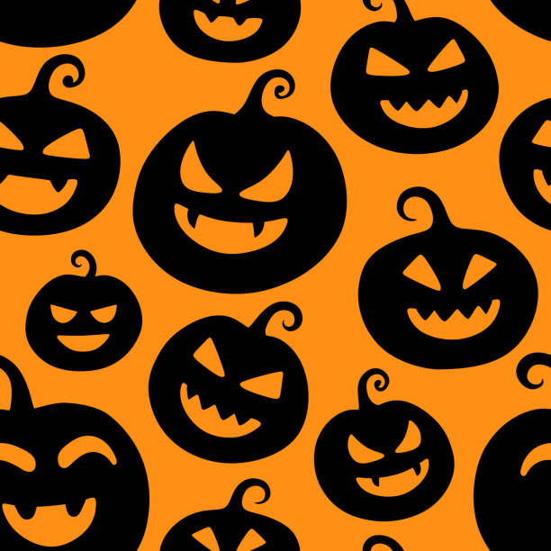 ilustrações, clipart, desenhos animados e ícones de fundo sem emenda do teste padrão de halloween feliz com abóboras assustadores. ilustração abstrata. - red bauble audio