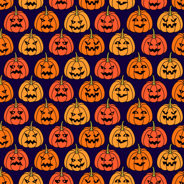 ilustrações, clipart, desenhos animados e ícones de fundo sem emenda do teste padrão de halloween feliz com abóboras assustadores. - red bauble audio