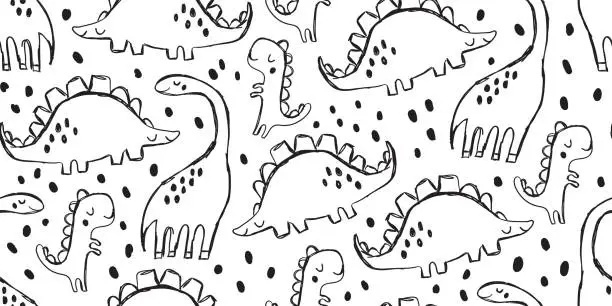 Vector illustration of kids dino pattern as outline ink kids drawing