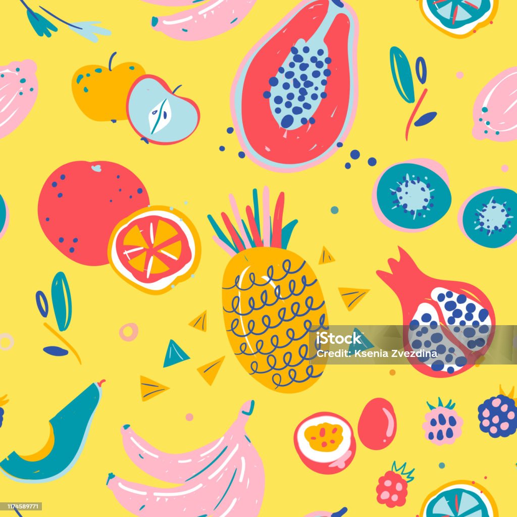 Hand drawn illustrations of fruit in bright colors and modern handrawn sketch style. Neon vector seamless pattern. Hand drawn illustrations of fruit in bright colors and modern handrawn sketch style. Neon vector seamless pattern. Endless background of tropical fruit ingredients, good for print textile or wrapping. Fruit stock vector