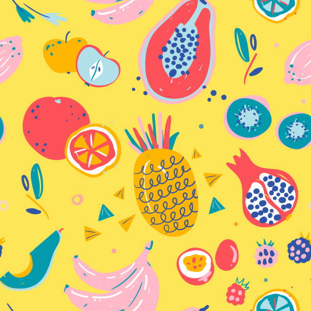 Hand drawn illustrations of fruit in bright colors and modern handrawn sketch style. Neon vector seamless pattern. Hand drawn illustrations of fruit in bright colors and modern handrawn sketch style. Neon vector seamless pattern. Endless background of tropical fruit ingredients, good for print textile or wrapping. fruit designs stock illustrations