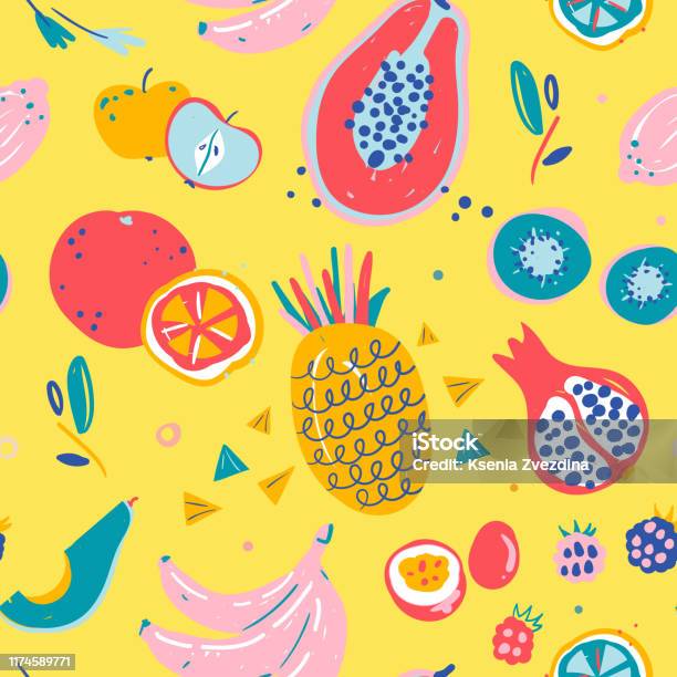 Hand Drawn Illustrations Of Fruit In Bright Colors And Modern Handrawn Sketch Style Neon Vector Seamless Pattern Stock Illustration - Download Image Now