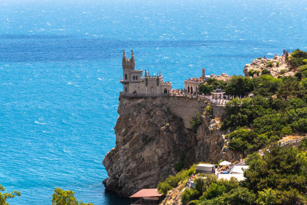 Castle of Swallows Nest on Cape Ai-Todor of Black Sea coast stock photo
