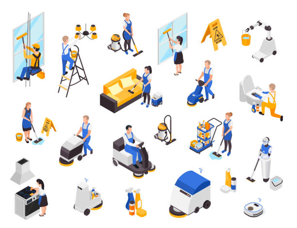 Isometric Cleaning Service Set Professional cleaning service isometric set with isolated images of workers with janitorial supplies and furniture items vector illustration cleaner illustrations stock illustrations