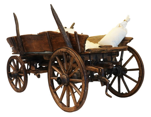 Wooden cart wagon carriage with sacks load isolated on white background This is a handmade wooden cart wagon carriage. horse cart photos stock pictures, royalty-free photos & images