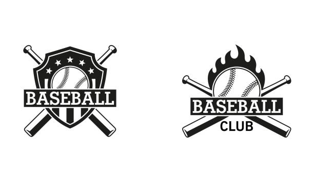 Black and white illustration of a baseball club emblem Shield, bat, ball, text with stars and flame. Vector illustration on a sports theme. flame clipart stock illustrations