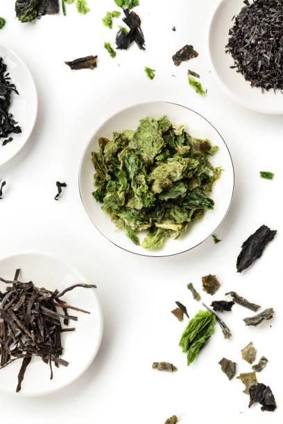 istock Various dry seaweed, sea vegetables, shot from above on a white background 1174596516