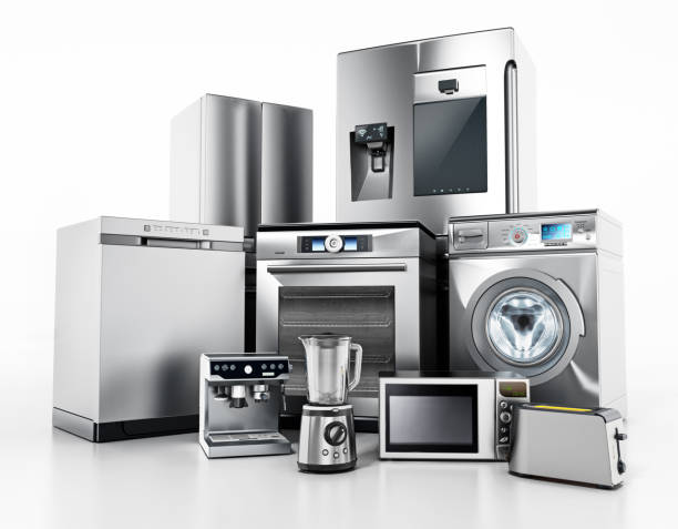 白で隔離された現代的な家電製品のセット - appliance repairing clothes washer refrigerator ストックフォトと画像
