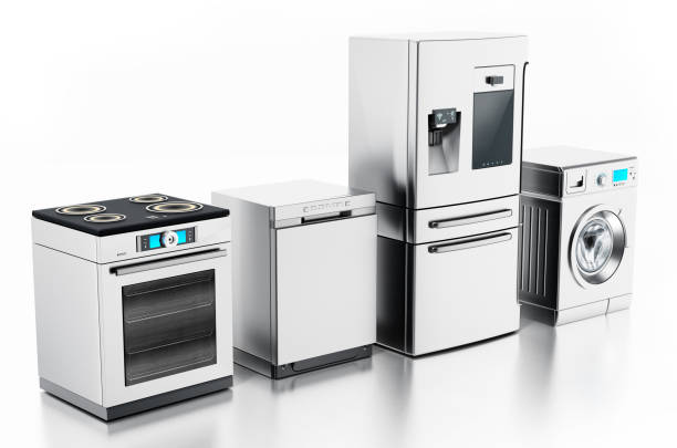 ensemble d'appareils ménagers contemporains isolés sur le blanc - appliance repairing clothes washer refrigerator photos et images de collection