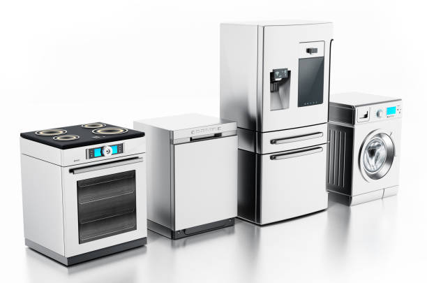 白で隔離された現代的な家電製�品のセット - appliance repairing clothes washer refrigerator ストックフォトと画像