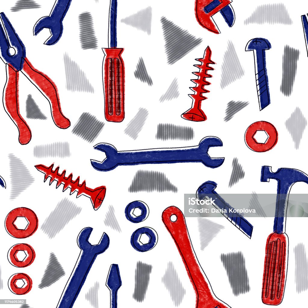 Seamless Pattern With Red And Blue Tools Stock Illustration - Download ...
