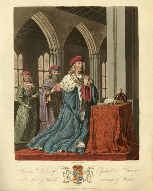 ilustraciones, imágenes clip art, dibujos animados e iconos de stock de enrique vi rey de inglaterra, orando ante la biblia y la corona - henry vi