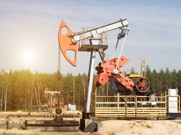 oil well for the production of oil and gasoline and gas on the background of the forest, the production of gasoline, pumpjack, extraction of petroleum, fuel - naphtha imagens e fotografias de stock