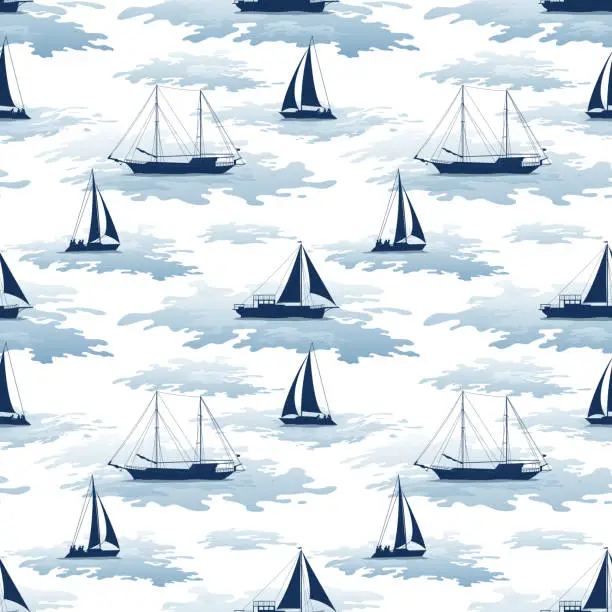 Vector illustration of Seamless background, sailboats and waves