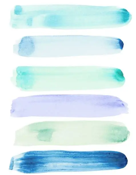 Vector illustration of Set of watercolor stain. Spots on a white background. Watercolor texture with brush strokes. Blue, turquoise. The sky.  Isolated. Vector.