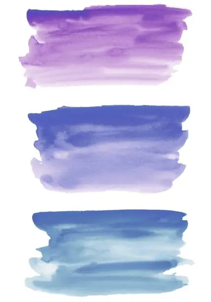 Vector illustration of Set watercolor stain. Spots on a white background. Watercolor texture with brush strokes. Stripes. Burgundy, pink, purple, blue. Isolated. Vector.