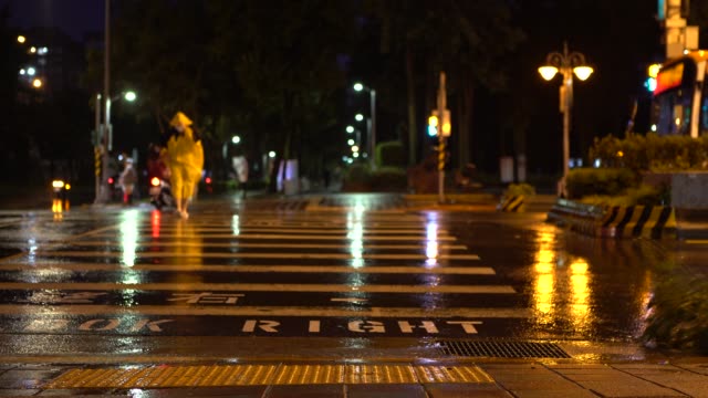 4K Man with yellow oilskin jacket struggling to cross street during Typhoon