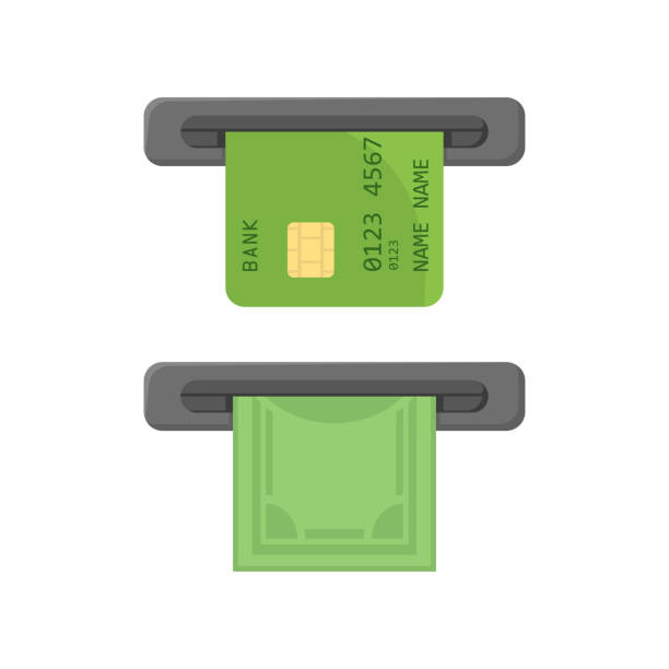 ATM with bank card and issuance of money ATM with bank card and issuance of money, flat exchange teller stock illustrations