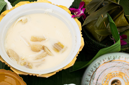 Thai sweet dessert with banana and coconut milk