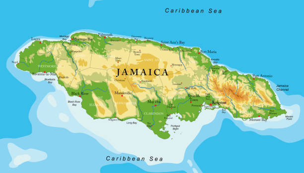 illustrations, cliparts, dessins animés et icônes de carte physique de la jamaïque - falmouth jamaica