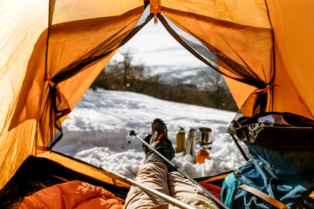 istock Morning view from tent on winter hiking 1174625335
