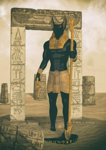 A fantasy portrait of an Egyptian god in ruin desert.