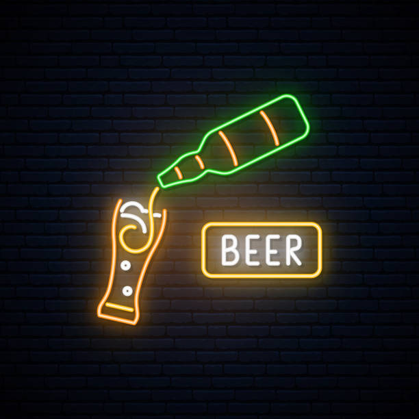 illustrazioni stock, clip art, cartoni animati e icone di tendenza di segno di birra al neon. design pubblicitario del beer bar. cartello vettoriale luminoso con tazza di birra e bottiglia. - beer backgrounds nobody bright