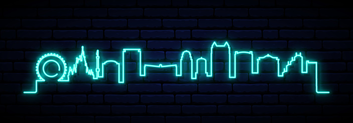 Blue neon skyline of Orlando City. Bright Orlando City long banner. Vector illustration.