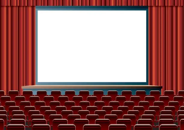 Vector illustration of Empty cinema theater with large, blank screen