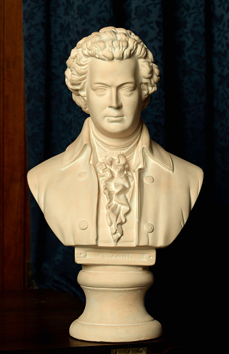 A plaster cast bust of Wolfgang Amadeus Mozart.  This is a non-trademarked generic casting of the famous composer.