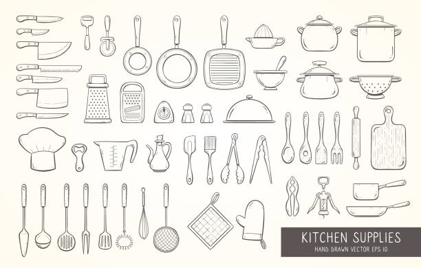 Hand drawn kitchen supplies Big set of 52 hand drawn kitchen supplies, including different types of cooking knives, pots and pans, strainers, graters, skimmers, ladles, and more kitchen tools. Doodle outline collection. cooking utensil stock illustrations